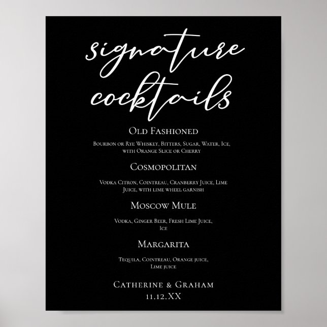 Póster Menú de Cócteles de Firma para Boda Chic Negro (Frente)