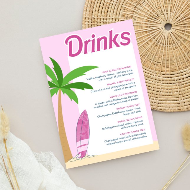 Póster Menú de cócteles de la Bachelorette Fiesta Rosa Ma (Malibu Beach Party Bar Menu with cocktail menu included.)