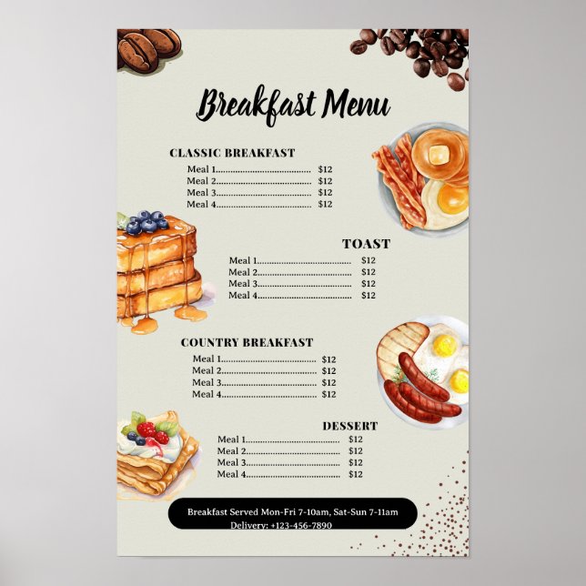 Póster Menú de desayuno, Menú de restaurante, Marketing d (Frente)