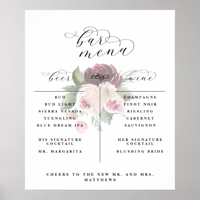 Póster Menú de Floral Bar Adore Lista de Vino Cerveza Cóc (Frente)