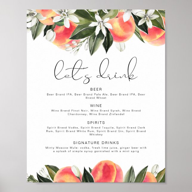 Póster Menú de la barra de bebida SAVANNAH Peach Let's Dr (Frente)