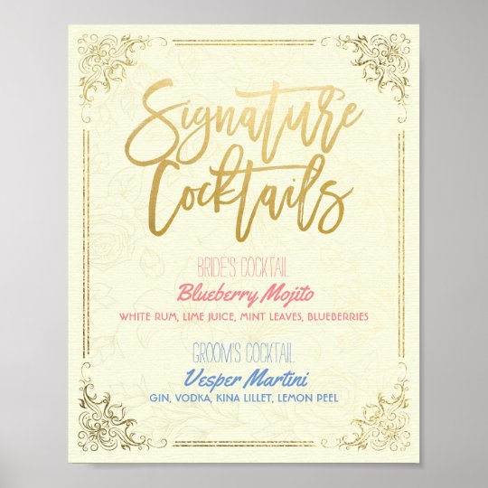 Póster Menú de la bebida del cóctel de la firma del boda