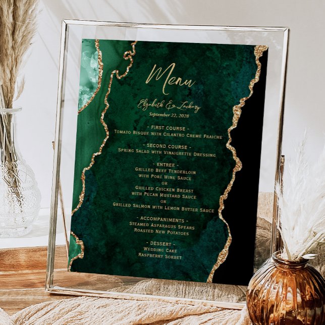 Póster Menú de Mesa de Boda de Ágata Dorada Verde Esmeral (Subido por el creador)
