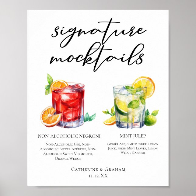 Póster Menú de Mocktails Chic de Boda Negroni Mint Julep (Frente)