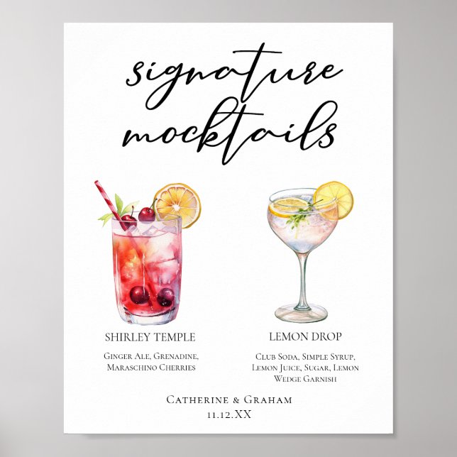 Póster Menú de Mocktails Shirley Temple Lemon Drop Lindo (Frente)