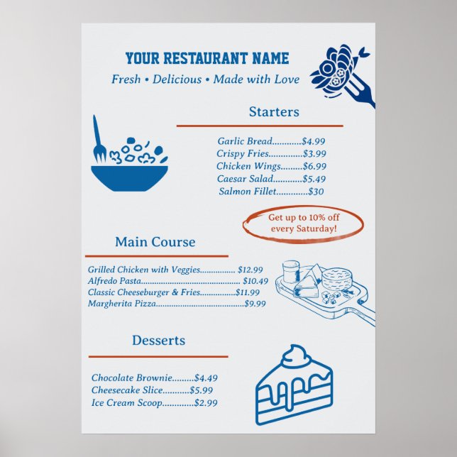 Póster Menú de Negocio de Restaurante Personalizado Lindo (Frente)