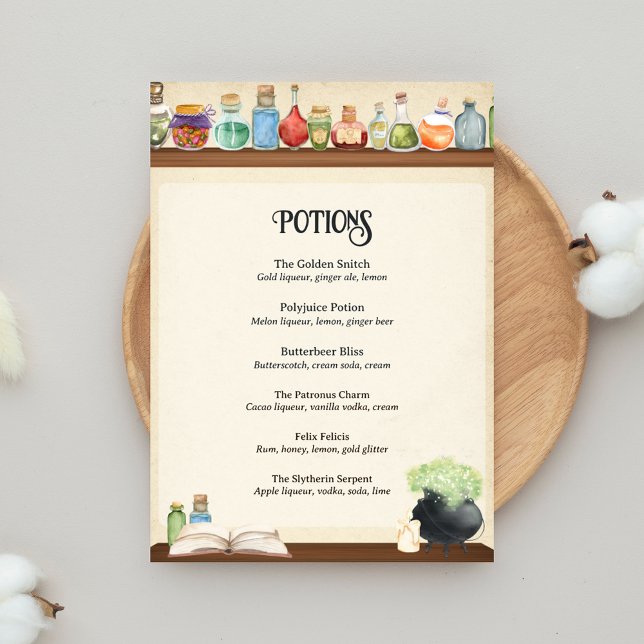 Póster Menú de opciones del menú de bebidas del Fiesta de (Wizard Party Bar Menu for Wizard School Party)