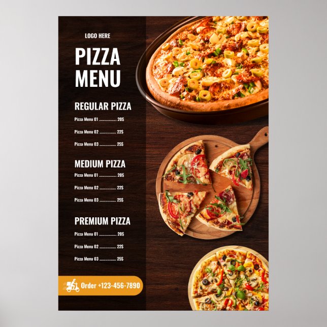 Póster Menú de pizza editable pizzería Menú de restaurant (Frente)