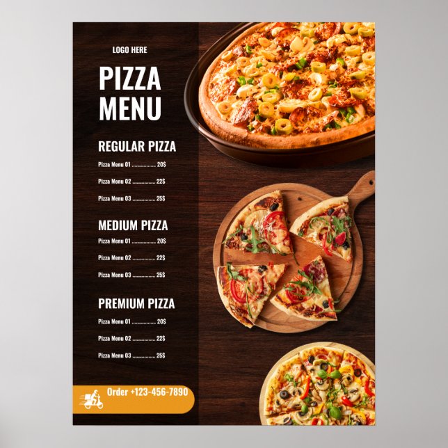 Póster Menú de pizza editable pizzería Menú de restaurant (Frente)