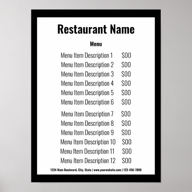 Póster Menú de plantillas de restaurante en blanco y negr (Frente)