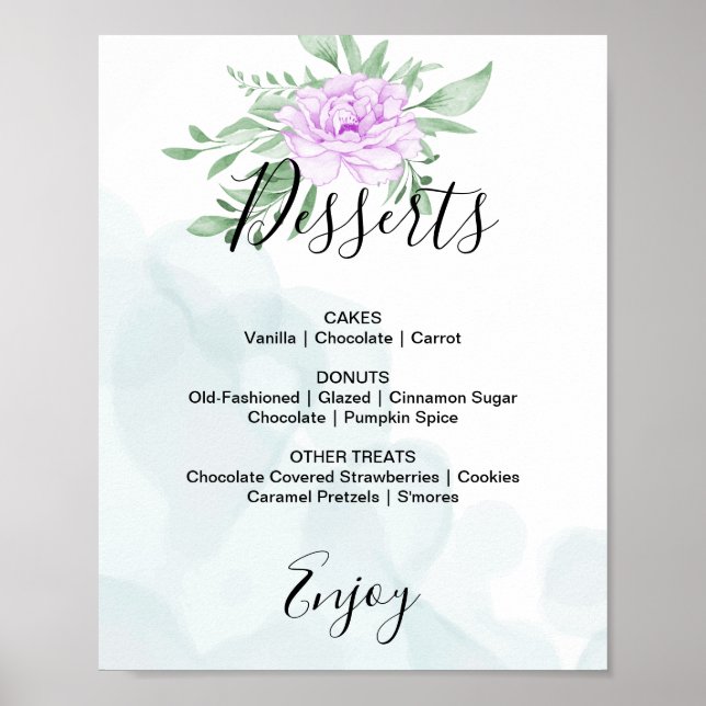 Póster Menú de postres de boda con rosa púrpura y eucalip (Frente)