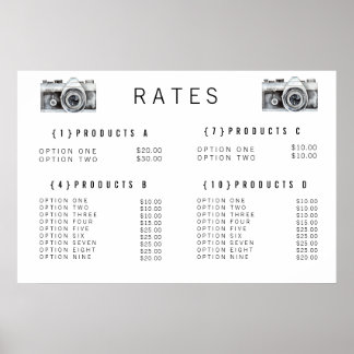 Póster Menú de Precio de Fotógrafo de Cámara de Acuarela