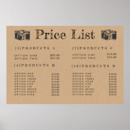 Póster Menú de Precios de Fotografía de la Cámara Kraft P