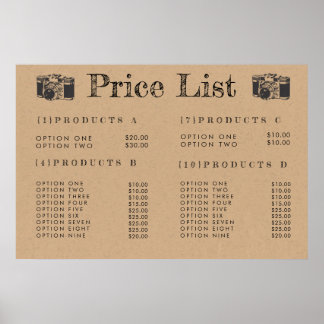 Póster Menú de Precios de Fotógrafo de Cámara Kraft Impri