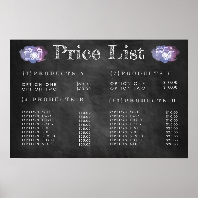 Póster Menú de Precios de Fotógrafo de Pizarra Imprimir P (Frente)