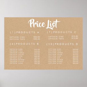 Póster Menú de Precios de Servicio KRAFT Cartel Impreso P
