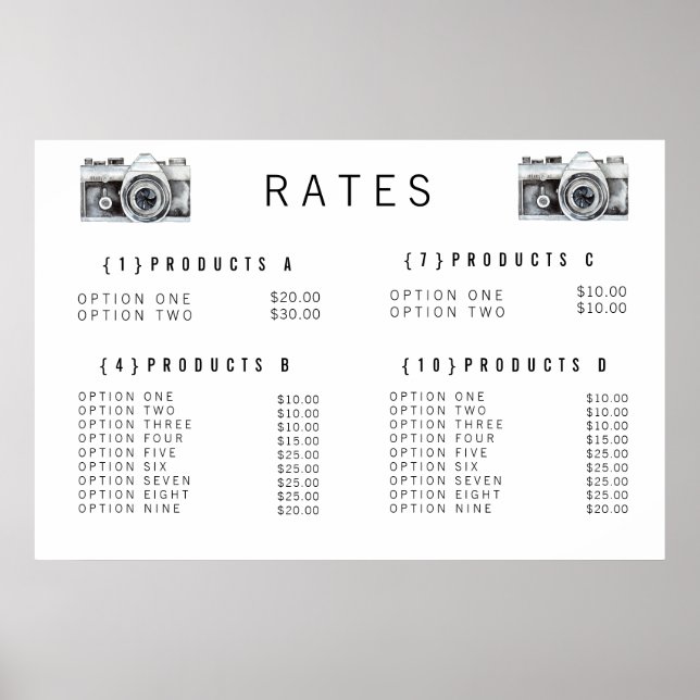 Póster Menú de Precios del Fotógrafo con Cámara de Acuare (Frente)