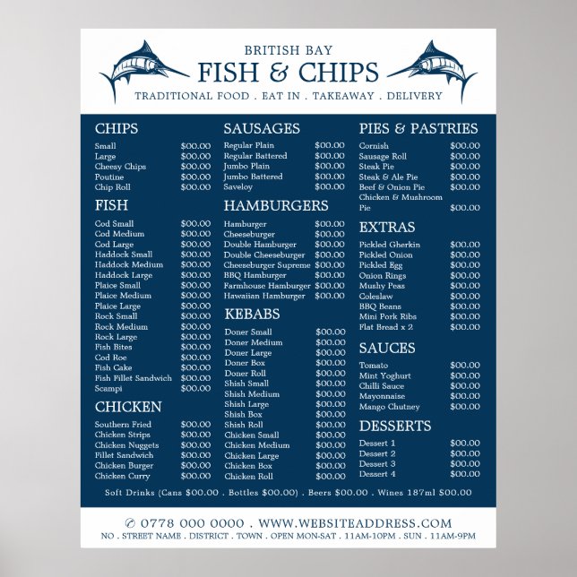 Póster Menú de restaurante de Fish & Chip Shop (Frente)