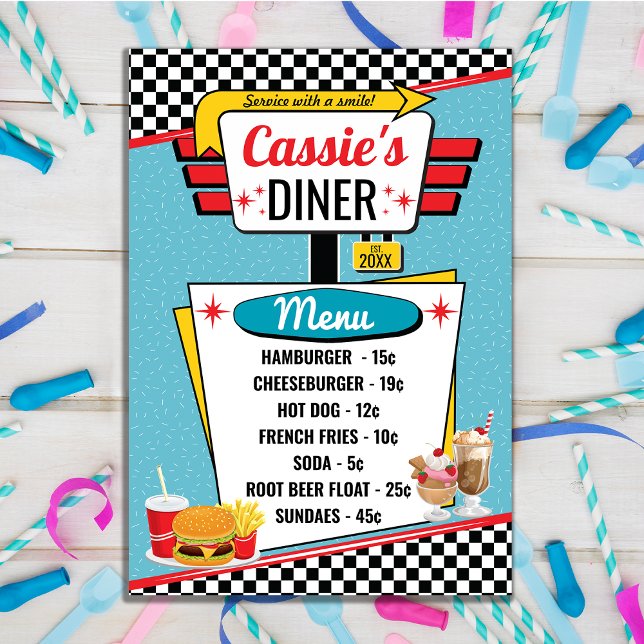 Póster Menú de restaurante retro de los 50 en teal, rojo, (Subido por el creador)