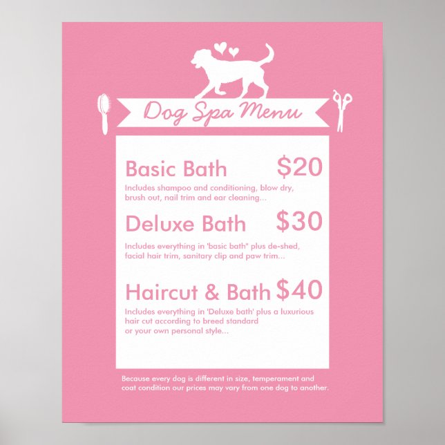 Póster Menú de Salón de Aseo para Perros con Silueta Rosa (Frente)