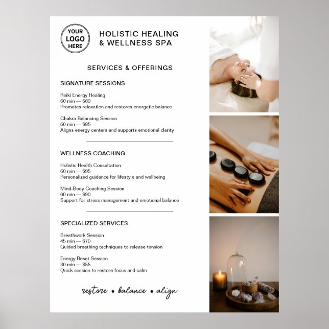 Póster Menú de Servicios de Bienestar Integral Blanco (Frente)