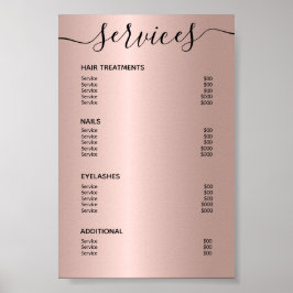 Póster Menú de servicios de lista de precios de Rosa Gold