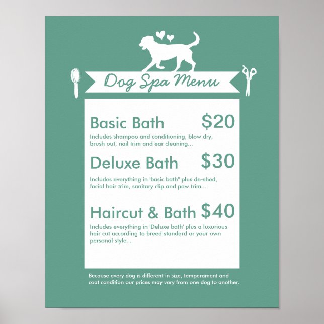 Póster Menú de Spa de Aseo para Perros - Personalizable (Frente)