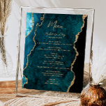 Póster Menú de tabla de Boda de Agate de Oro Azul verde a<br><div class="desc">El borde izquierdo de este elegante y moderno menú boda muestra un verde azulado borde de batida azul con un falso purpurina de oro. La palabra "Menú" aparece en un guión de escritura a mano de color dorado. Personalice el texto restante con los nombres de la pareja, la fecha del...</div>