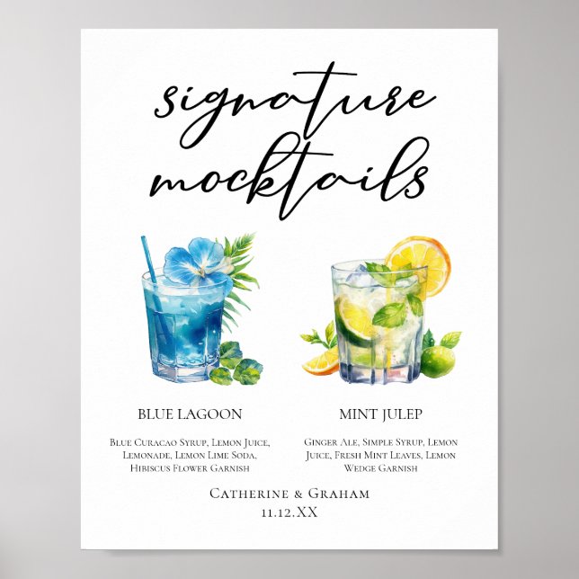 Póster Menú de verano de cócteles sin alcohol con firma j (Frente)