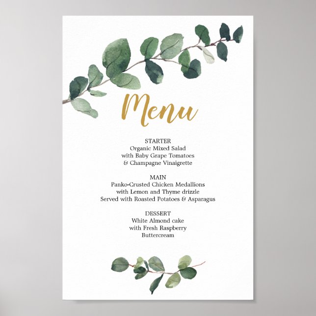 Póster Menú de Verduras de Eucalipto o Letrero de Menú de (Frente)