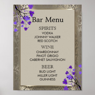Póster Menú del Bar -  Damasco Floral Púrpura y Plateado 