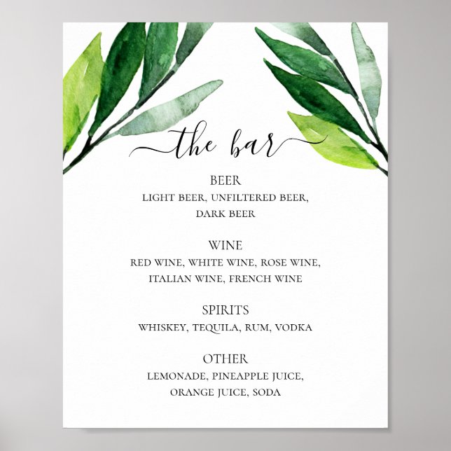 Póster Menú del bar de bebidas alcohólicas para boda con  (Frente)