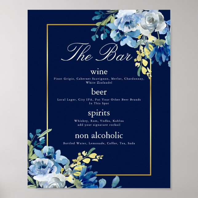 Póster Menú del bar Navy Blue Gold Floral Elegant Wedding (Frente)