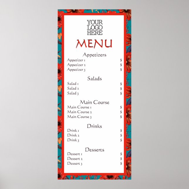 Póster Menú del restaurante Café Floral Rojo Teal (Frente)