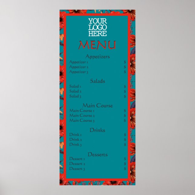 Póster Menú del restaurante del café floral rojo teal (Frente)