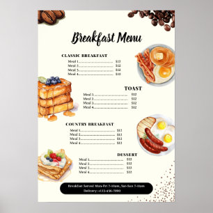 Póster Menú Desayuno, Menú Restaurante, Cafetería