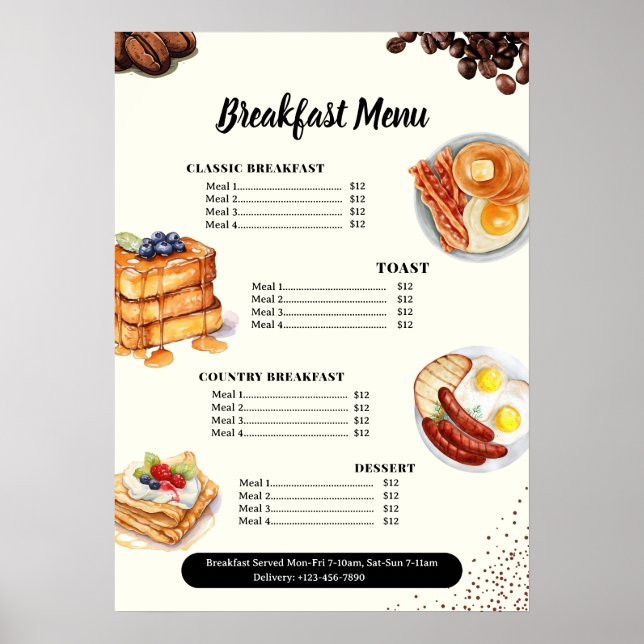 Póster Menú Desayuno, Menú Restaurante, Cafetería (Frente)