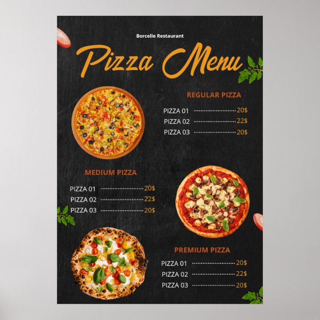 Póster Menú editable de pizza Pizzería Menú de restaurant (Frente)