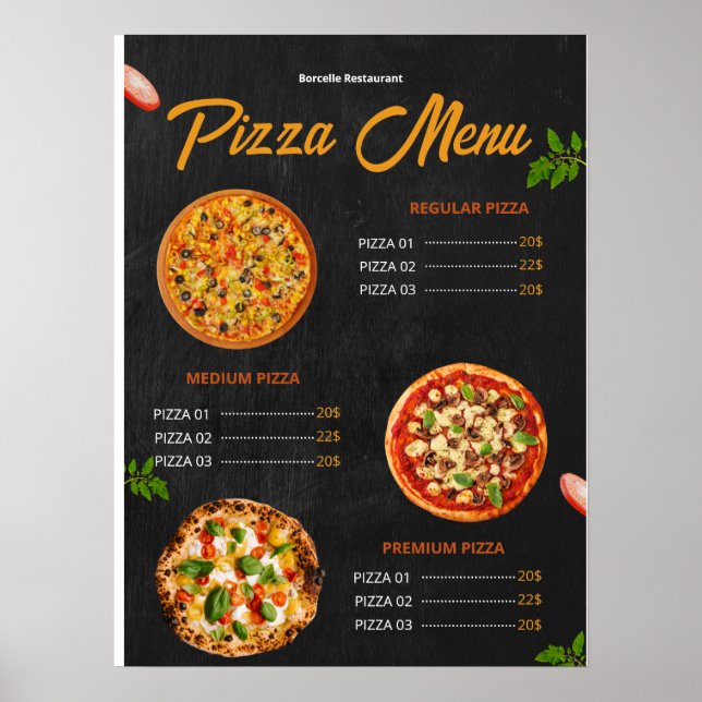 Póster Menú editable de pizza Pizzería Menú de restaurant (Frente)
