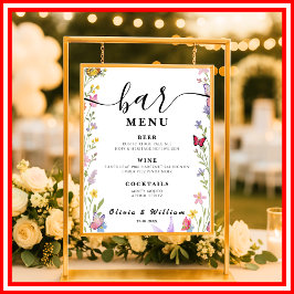 Póster Menú Floral Boho Bar Boda Bebida con firma