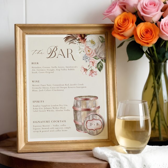 Póster Menú Floral Boho Western Country Wedding Beber Bar (Floral Boho Western Country Wedding Drink Bar Menu Poster)