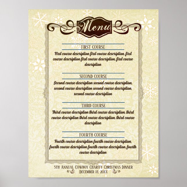 Póster Menú personalizado de Navidades de copos de nieve  (Frente)