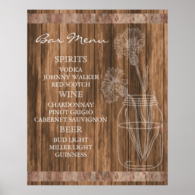 Póster Menú Rustic Country Barn Wood Bar (Frente)