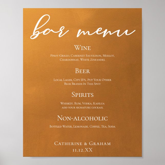 Póster Menú Rustic Gold Earth Tone Fall Wedding Bar (Frente)