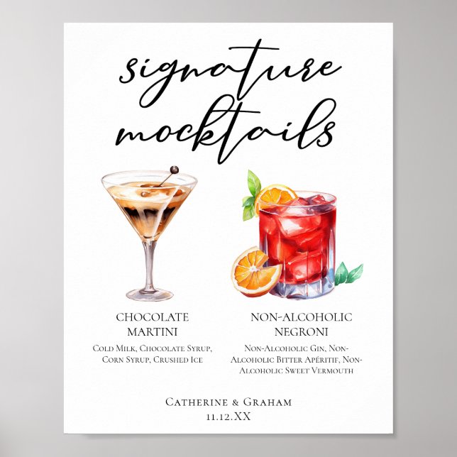 Póster Menú Sofisticado de Mocktails de Boda sin Alcohol (Frente)