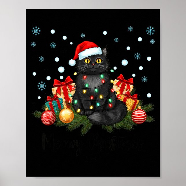 Póster Meowy Christmas Black Cute Cat Santa Hat Xmas Wome (Frente)