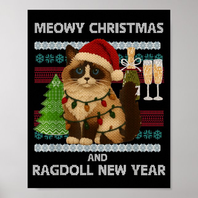 Póster Meowy Christmas Funny Ragdoll Cat Santa Hat Ugly S (Frente)