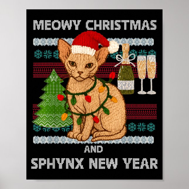 Póster Meowy Christmas Funny Sphynx Cat Santa Hat Ugly Sw (Frente)