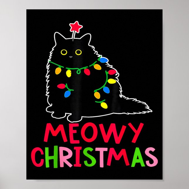 Póster Meowy Christmas Xmas Lights Black Cat Pajamas Fami (Frente)