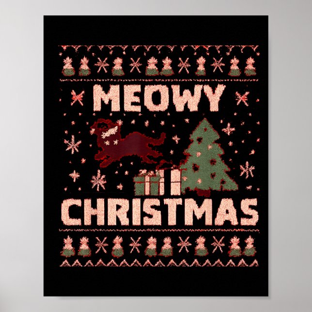 Póster Meowy Christmas Xmas Tree Cat Ugly Sweater Pajamas (Frente)